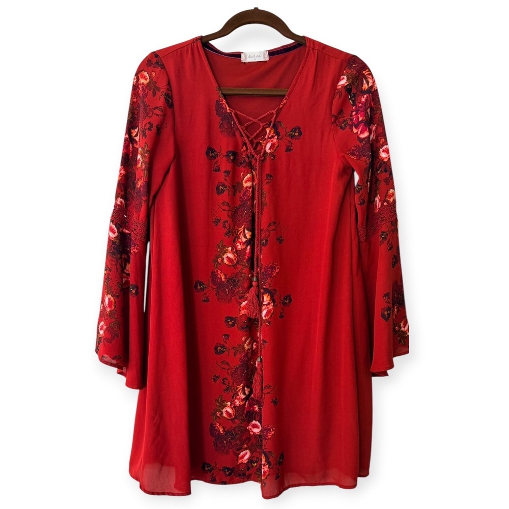 Altar'd State Red Floral Lace Up Bell Sleeve Boho Mini Dress Women Size M